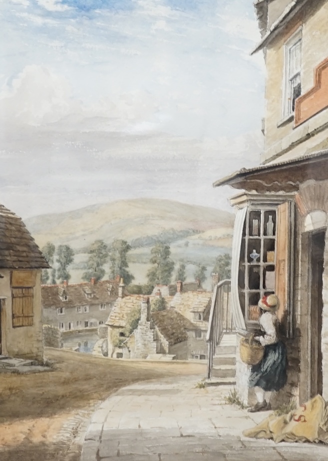 19th century, English School, watercolour, street scene, ‘Swanage, Dorset’, label verso, 35 x 24cm. Condition - fair